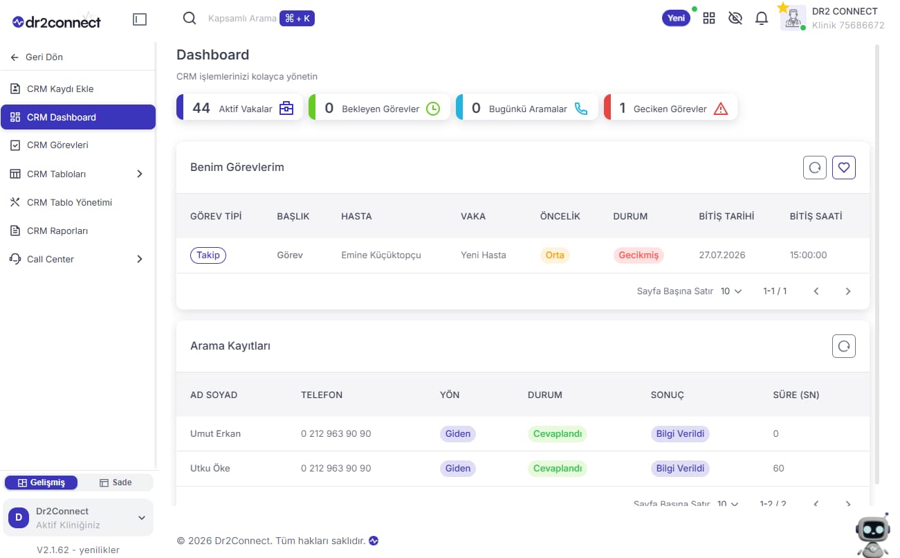 Crm tabloları hasta iletişim kaydı