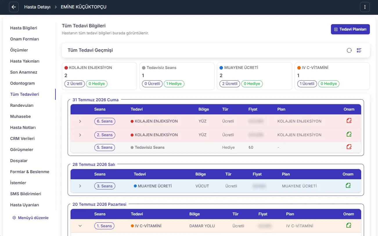 Clinic treatment tracking screen